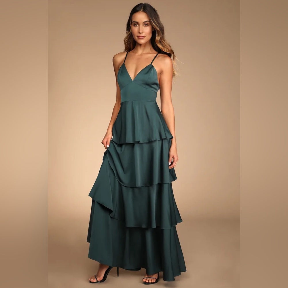 Lulu’s Going with Elegance Emerald Green Satin Tiered Dress